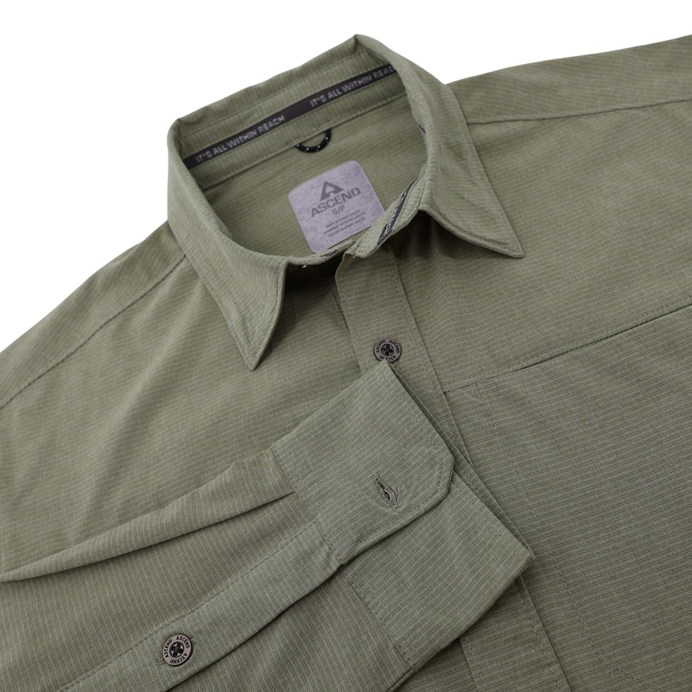 Ascend Mens Small Olive Green Long Sleeve Button Down Hiking Performance Shirt